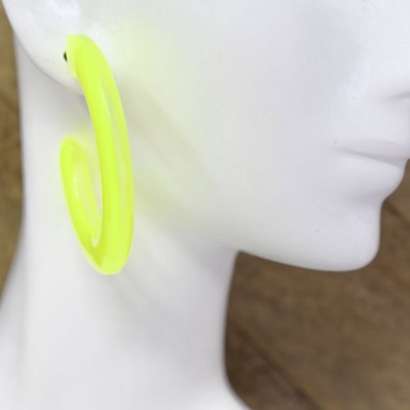 1.75" Retro Translucent Neon Yellow Hoop Earrings - Picture 3 of 11